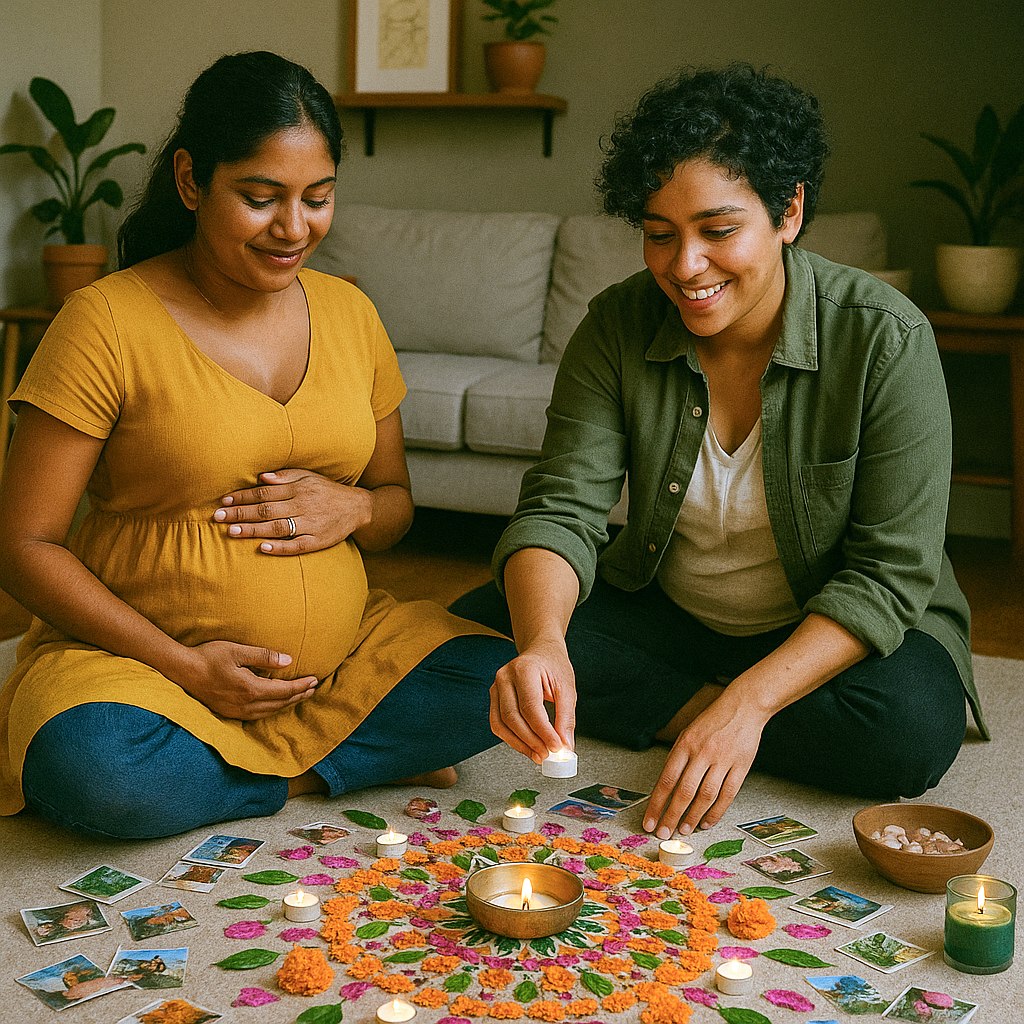 LGBTQ Couple in which one woman is pregnant make a mandala with orange carnations and photos. Expressive art therapy and creative coaching clients.