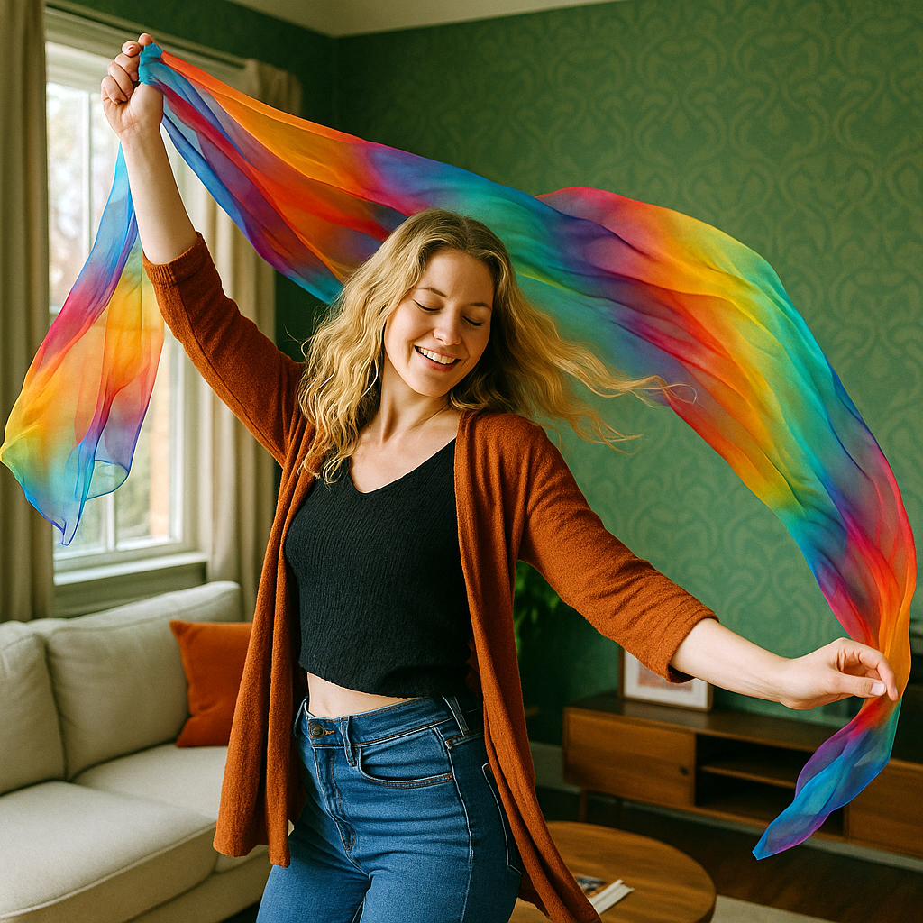 Blonde woman dances with a rainbow scarf. Drama therapy, somatic therapy, and creative coaching client.